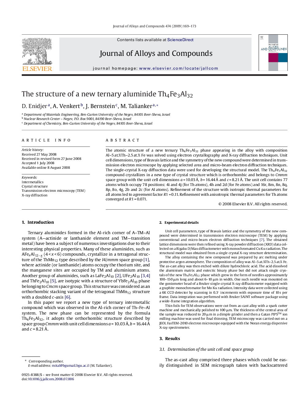 The structure of a new ternary aluminide Th4Fe3Al32