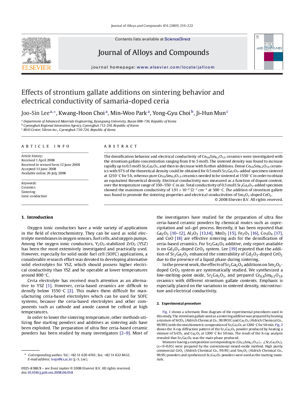 Effects of strontium gallate additions on sintering behavior and electrical conductivity of samaria-doped ceria