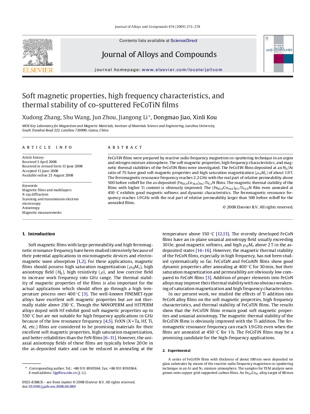 Soft magnetic properties, high frequency characteristics, and thermal stability of co-sputtered FeCoTiN films
