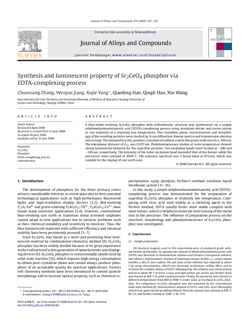 Synthesis and luminescent property of Sr2CeO4 phosphor via EDTA-complexing process