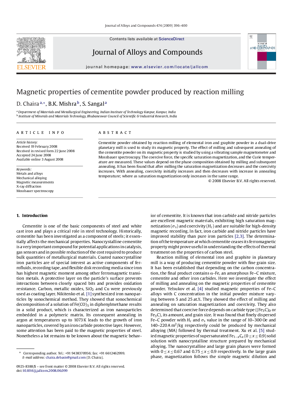 Magnetic properties of cementite powder produced by reaction milling