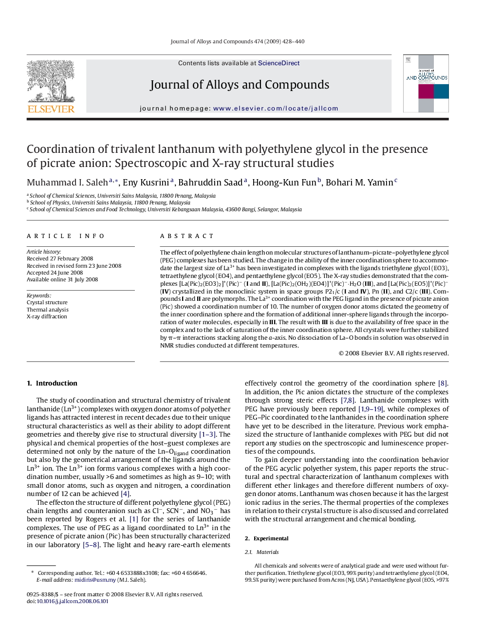 Coordination of trivalent lanthanum with polyethylene glycol in the presence of picrate anion: Spectroscopic and X-ray structural studies