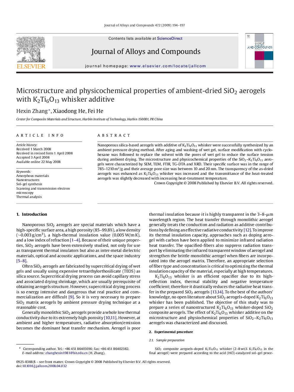 Microstructure and physicochemical properties of ambient-dried SiO2 aerogels with K2Ti6O13 whisker additive