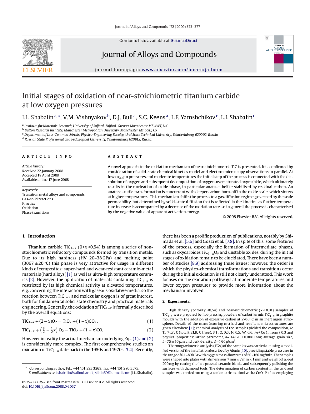 Initial stages of oxidation of near-stoichiometric titanium carbide at low oxygen pressures
