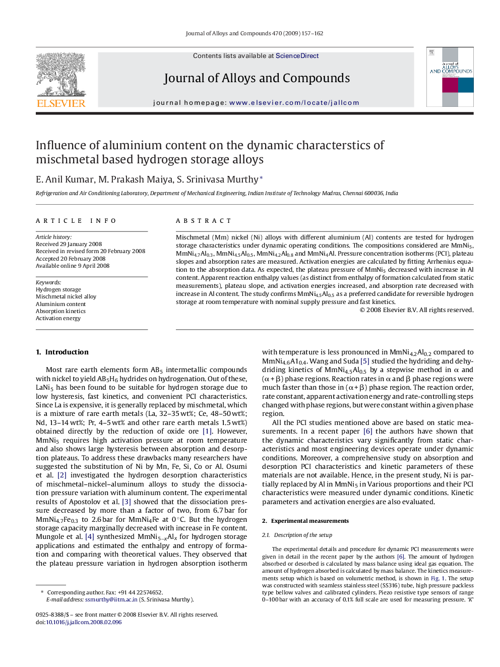 Influence of aluminium content on the dynamic characterstics of mischmetal based hydrogen storage alloys