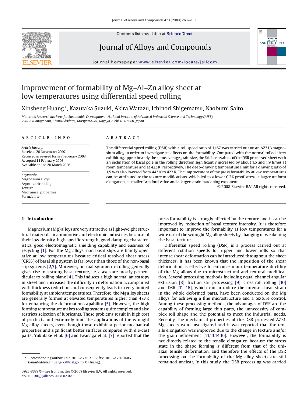 Improvement of formability of Mg–Al–Zn alloy sheet at low temperatures using differential speed rolling