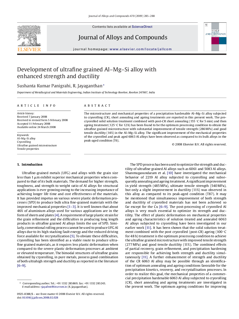 Development of ultrafine grained Al–Mg–Si alloy with enhanced strength and ductility