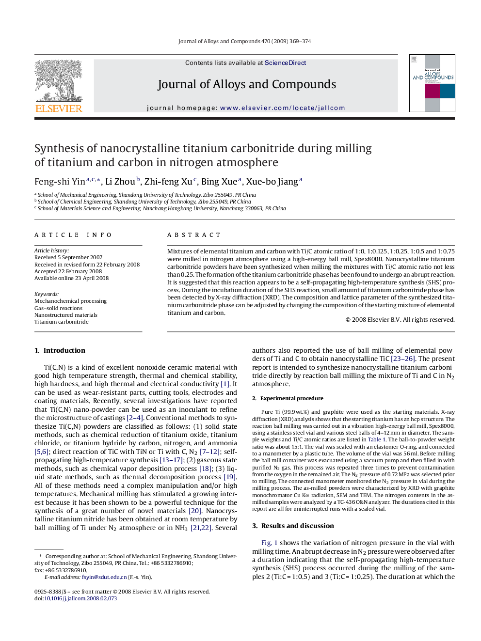 عکس صفحه اول مقاله: Synthesis of nanocrystalline titanium carbonitride during milling of titanium and carbon in nitrogen atmosphere Synthesis of nanocrystalline titanium carbonitride during milling of titanium and carbon in nitrogen atmosphere