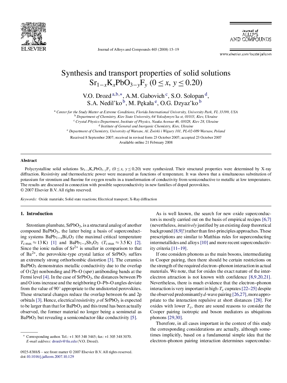 Synthesis and transport properties of solid solutions Sr1âxKxPbO3âyFy (0Â â¤Â x, yÂ â¤Â 0.20)