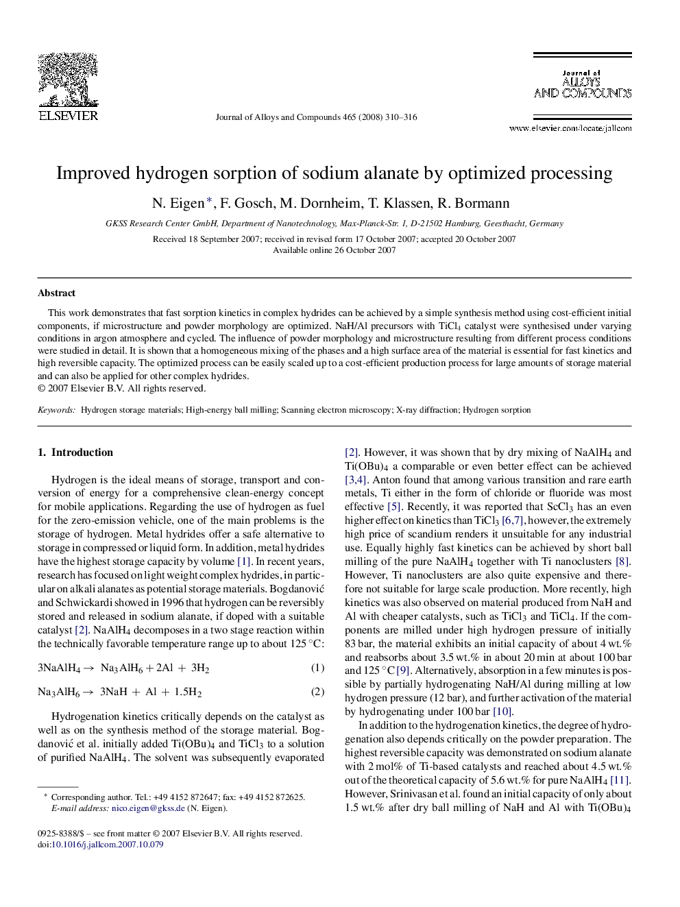 Improved hydrogen sorption of sodium alanate by optimized processing