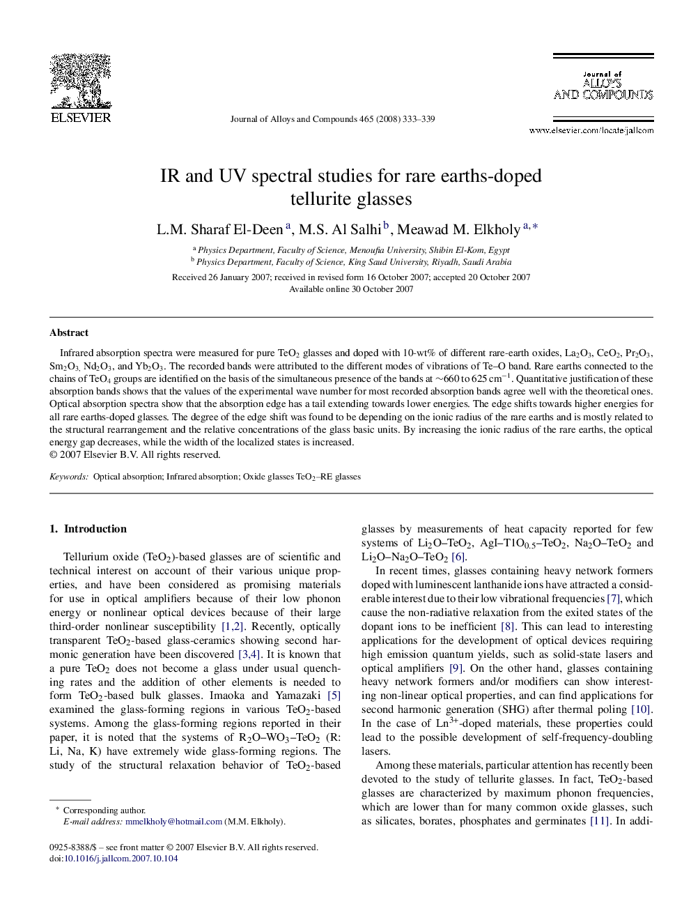 IR and UV spectral studies for rare earths-doped tellurite glasses