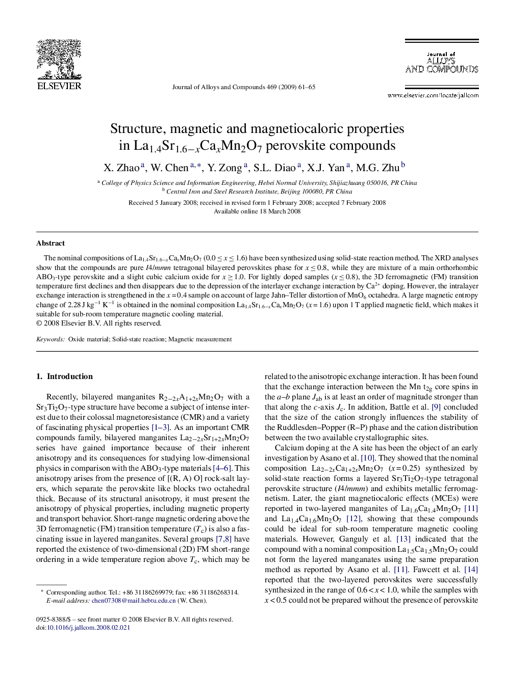 Structure, magnetic and magnetiocaloric properties in La1.4Sr1.6âxCaxMn2O7 perovskite compounds