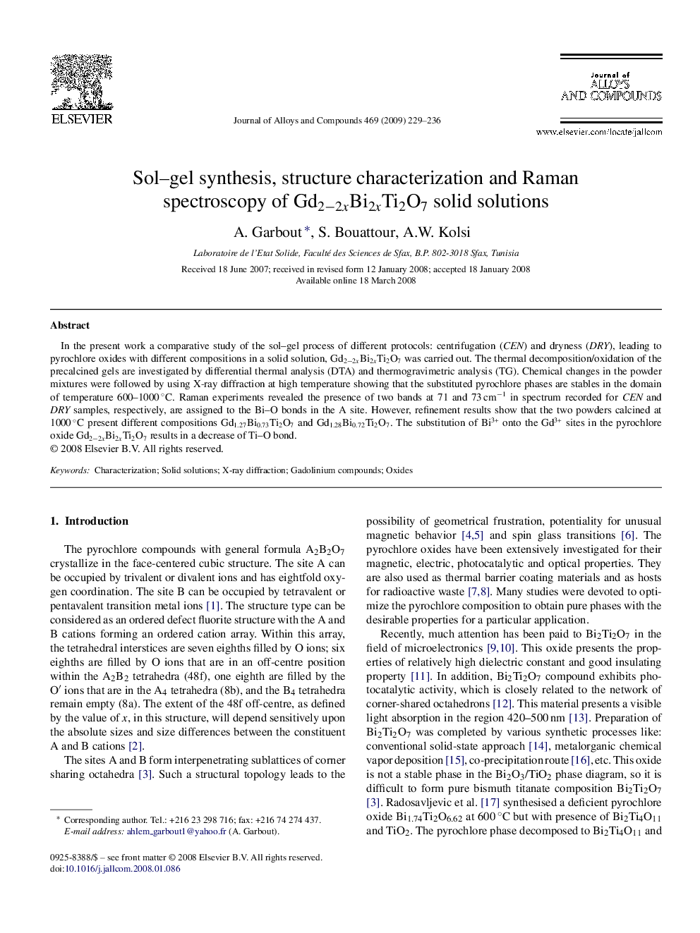 Sol–gel synthesis, structure characterization and Raman spectroscopy of Gd2−2xBi2xTi2O7 solid solutions