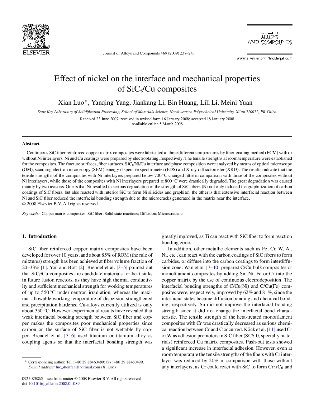 Effect of nickel on the interface and mechanical properties of SiCf/Cu composites