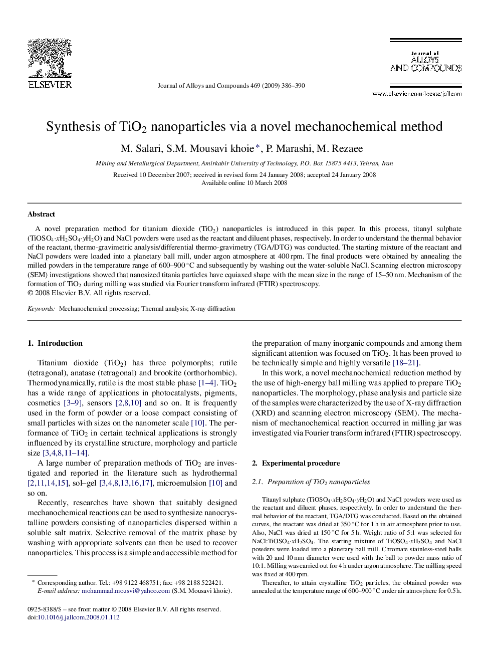 Synthesis of TiO2 nanoparticles via a novel mechanochemical method