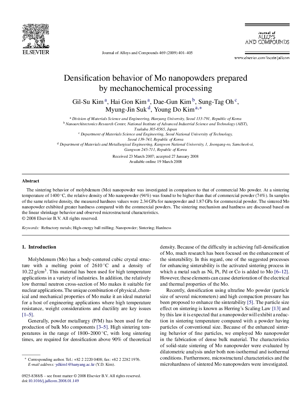 Densification behavior of Mo nanopowders prepared by mechanochemical processing