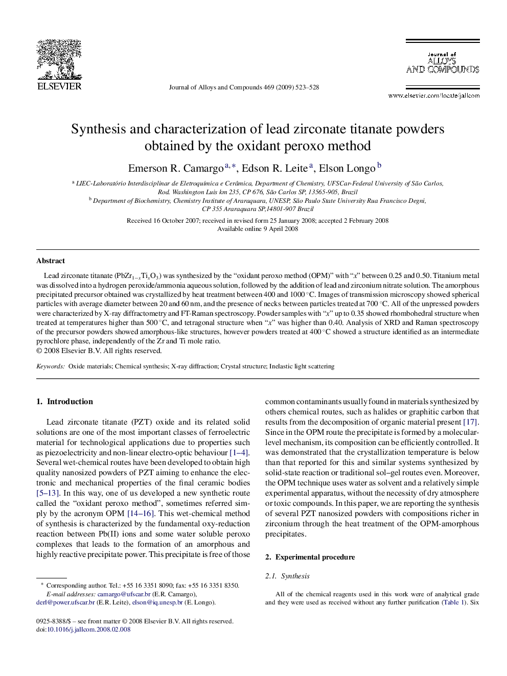 Synthesis and characterization of lead zirconate titanate powders obtained by the oxidant peroxo method