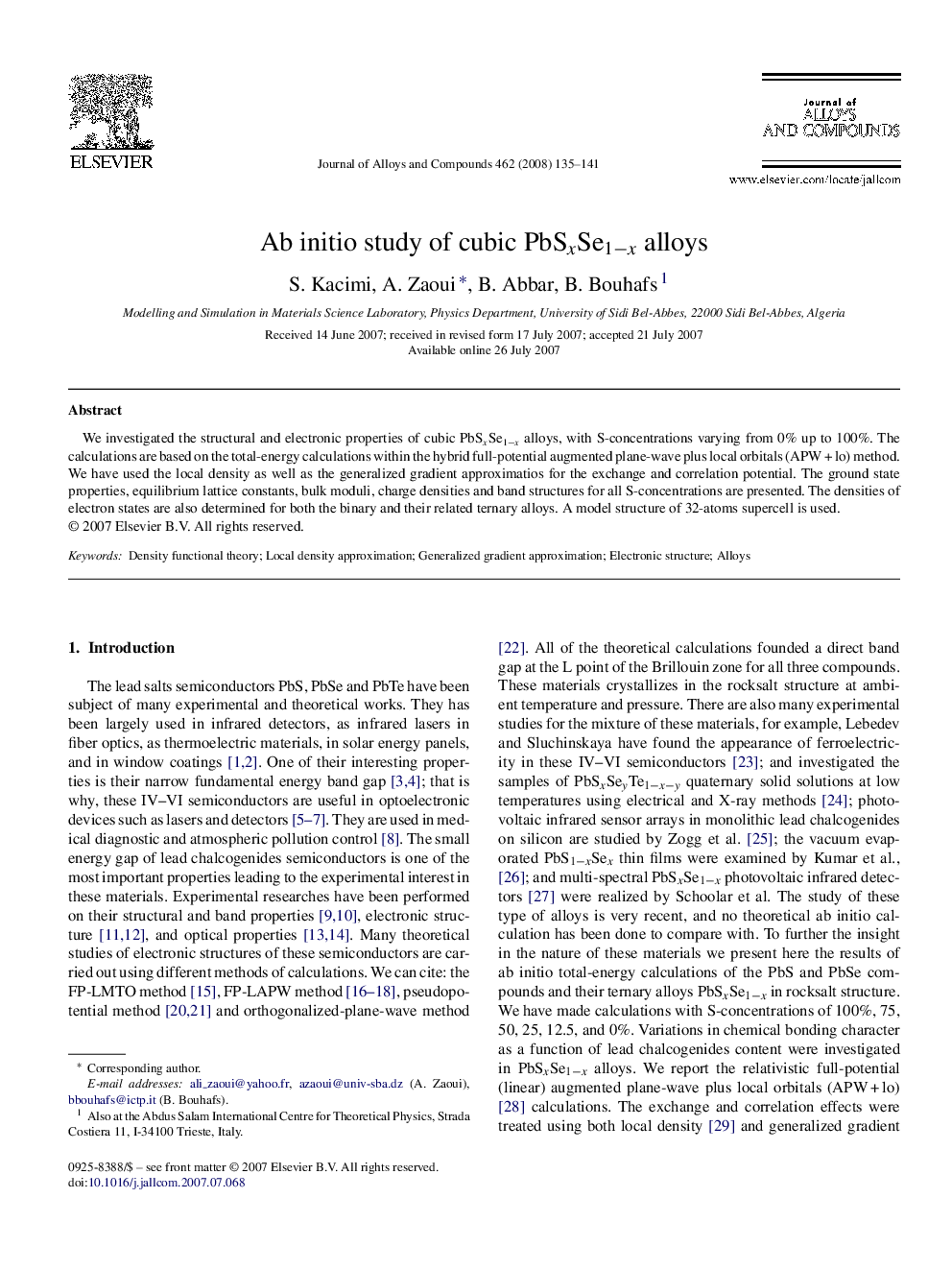 Ab initio study of cubic PbSxSe1âx alloys