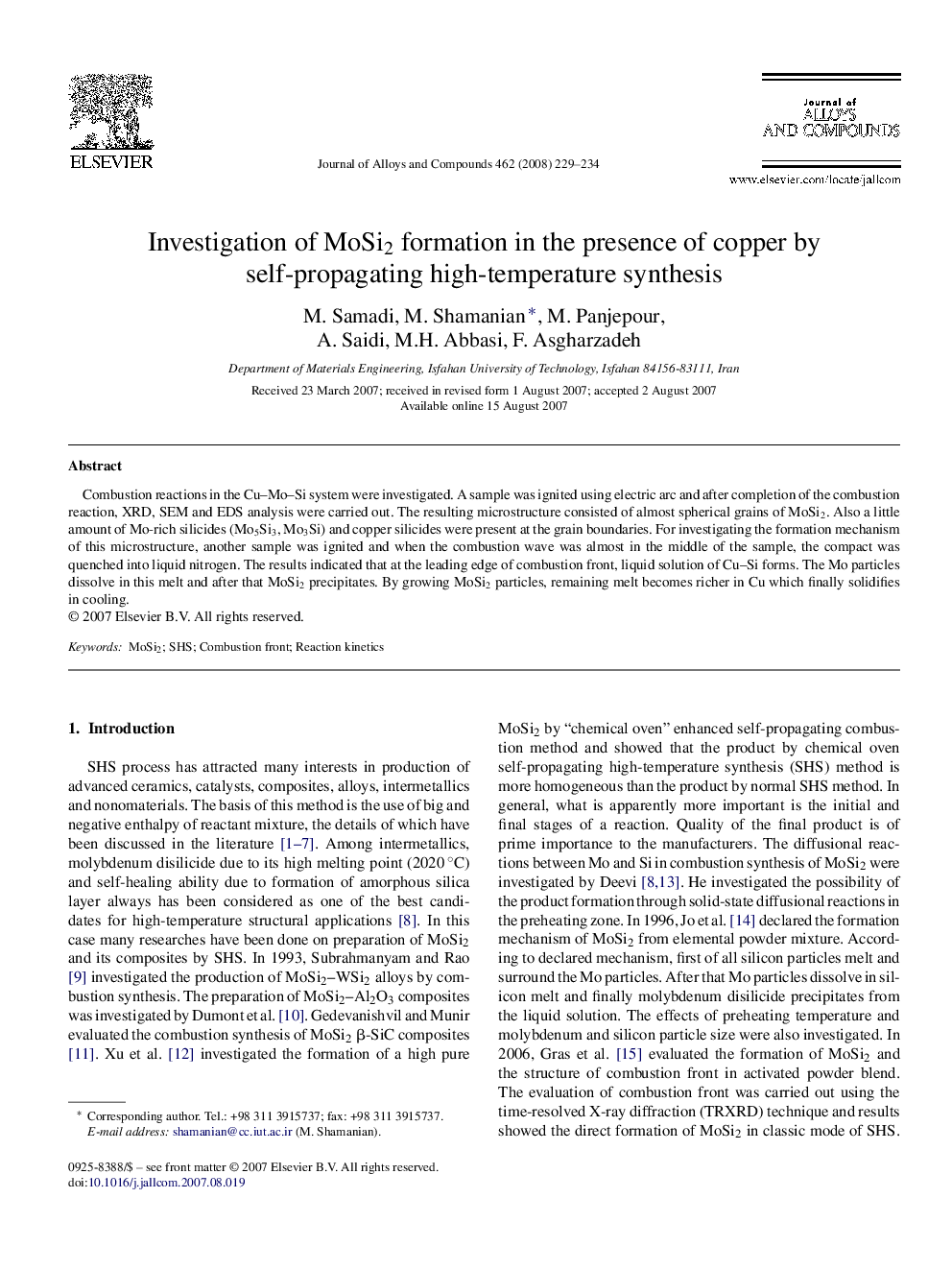 Investigation of MoSi2 formation in the presence of copper by self-propagating high-temperature synthesis