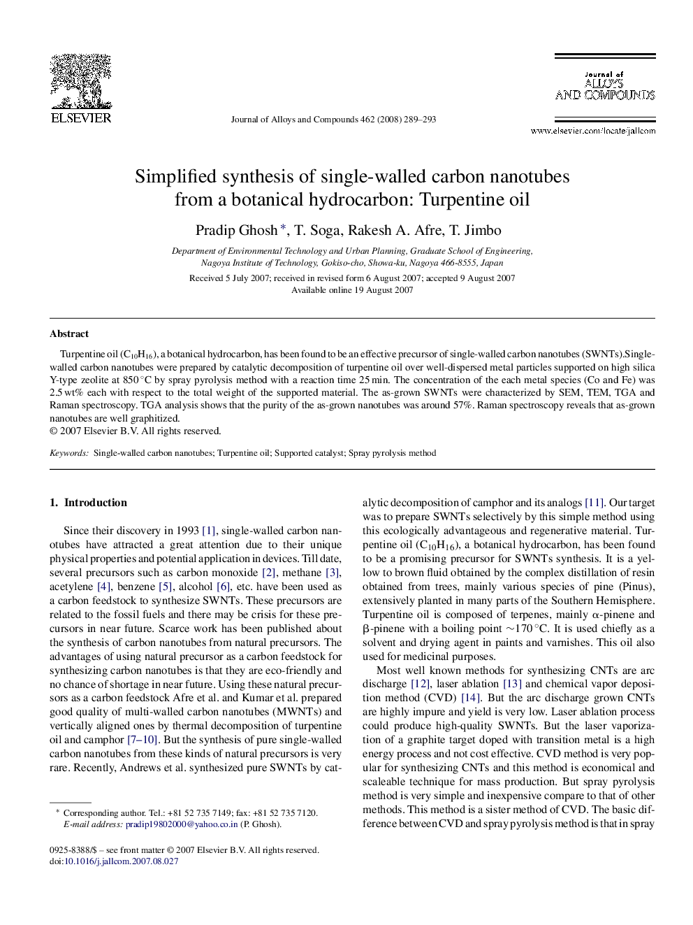 Simplified synthesis of single-walled carbon nanotubes from a botanical hydrocarbon: Turpentine oil