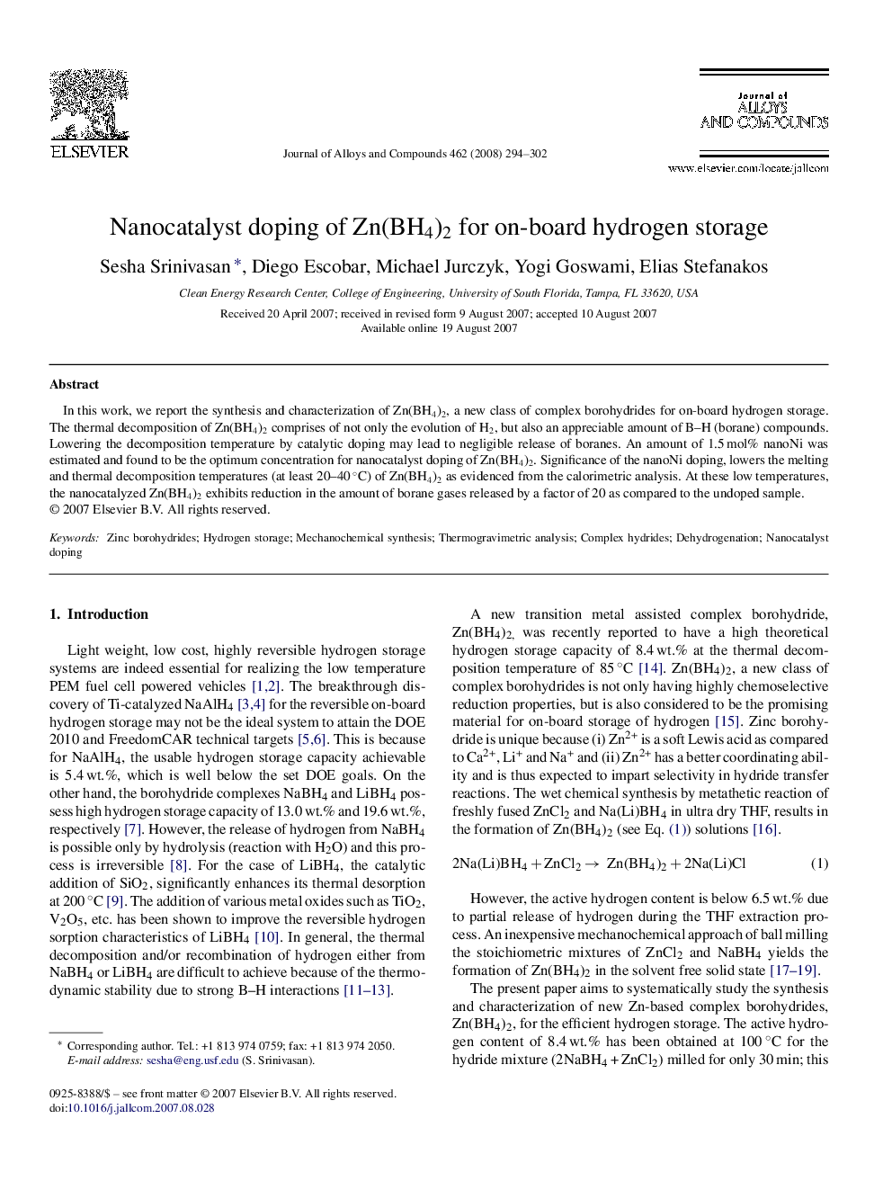 Nanocatalyst doping of Zn(BH4)2 for on-board hydrogen storage