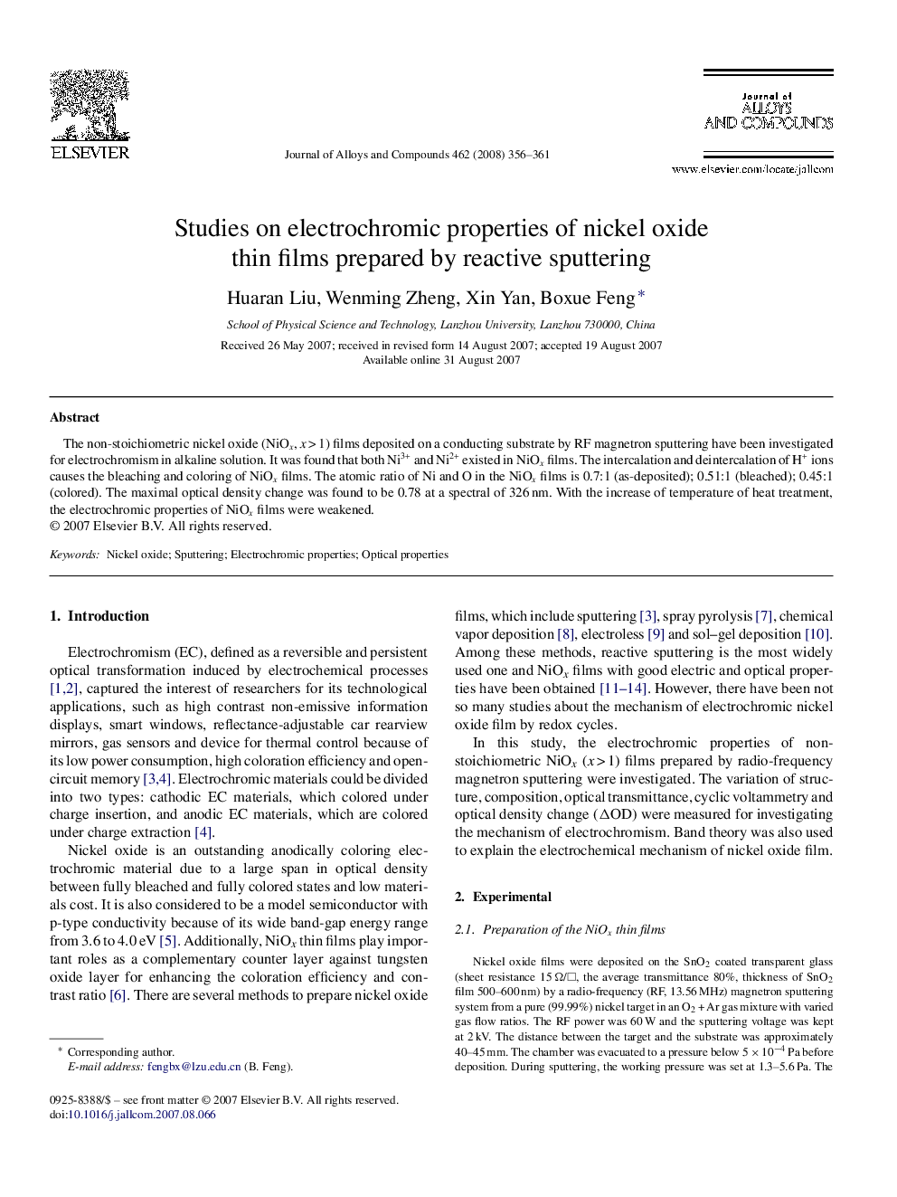 Studies on electrochromic properties of nickel oxide thin films prepared by reactive sputtering