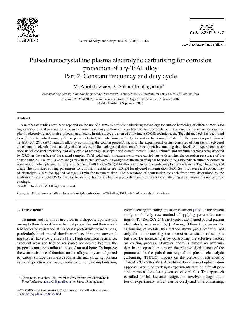 Pulsed nanocrystalline plasma electrolytic carburising for corrosion protection of a γ-TiAl alloy: Part 2. Constant frequency and duty cycle