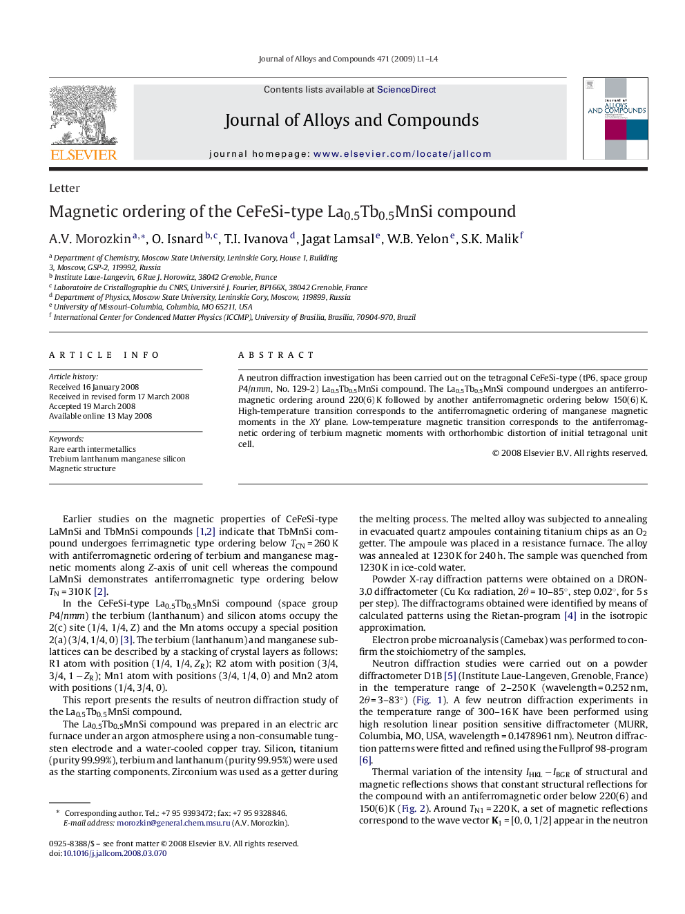 Magnetic ordering of the CeFeSi-type La0.5Tb0.5MnSi compound