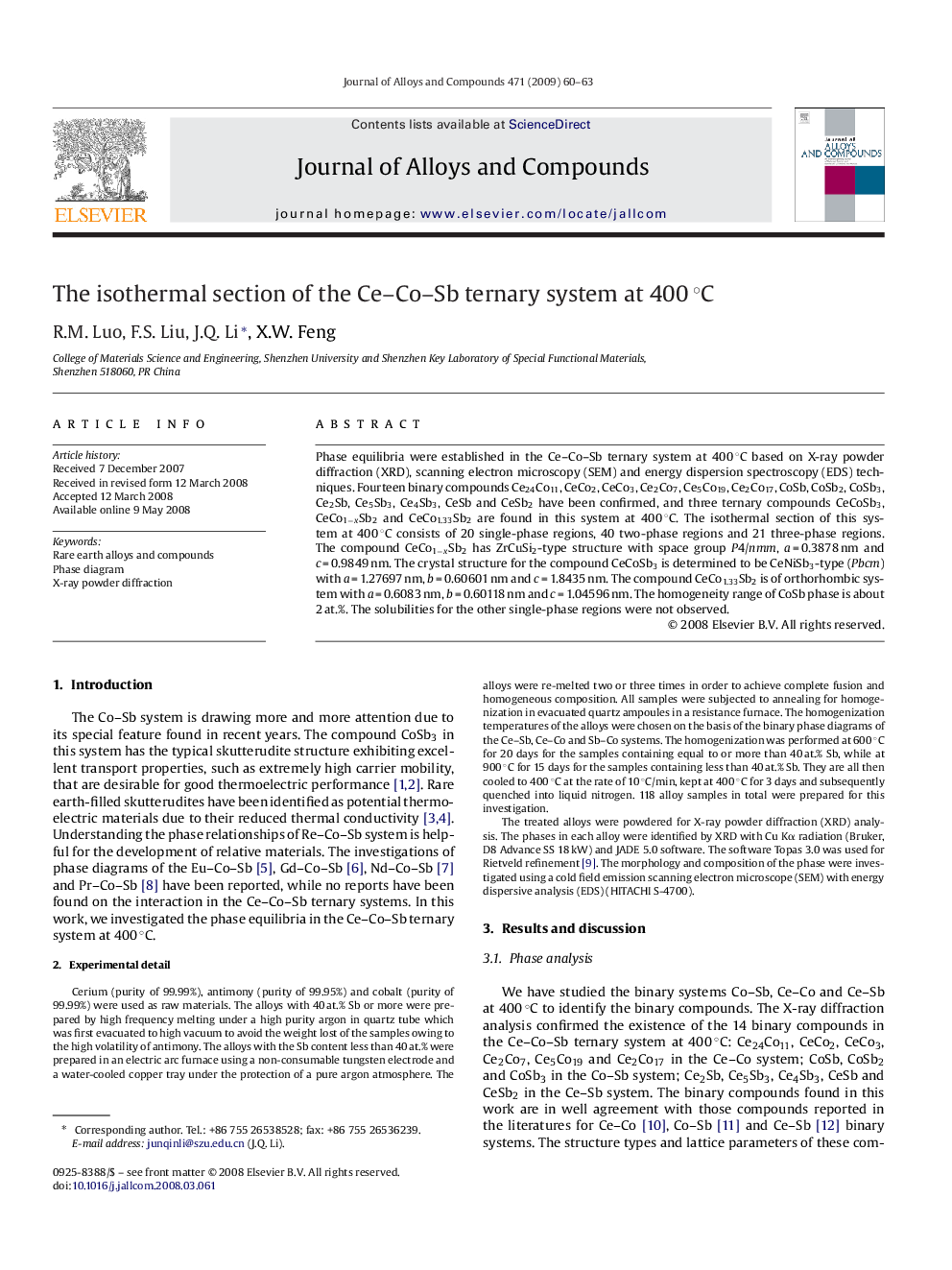 The isothermal section of the Ce–Co–Sb ternary system at 400 °C