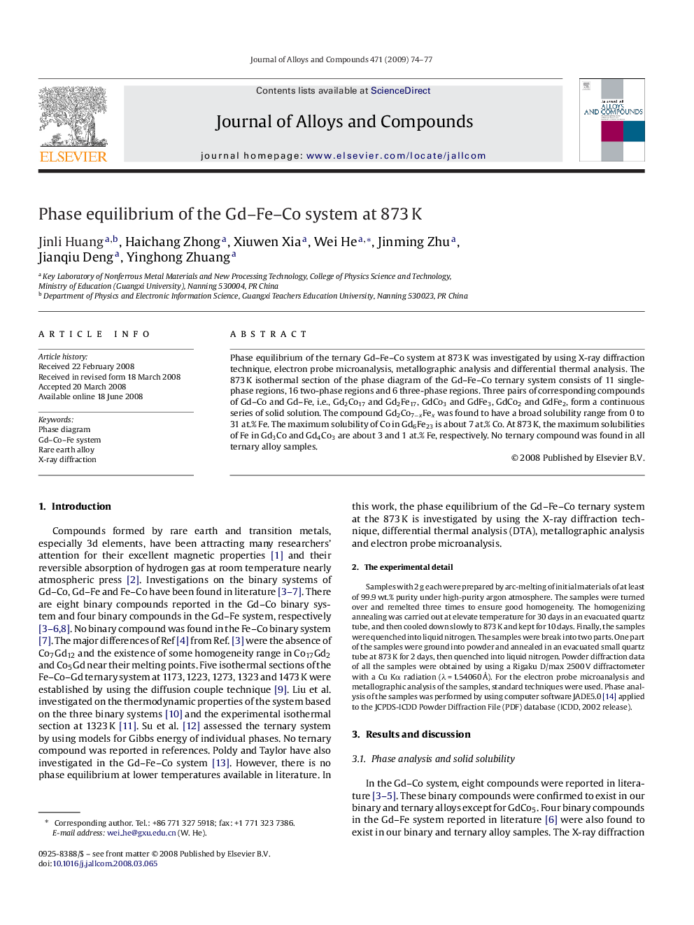عکس صفحه اول مقاله: Phase equilibrium of the Gd–Fe–Co system at 873 K Phase equilibrium of the Gd–Fe–Co system at 873 K