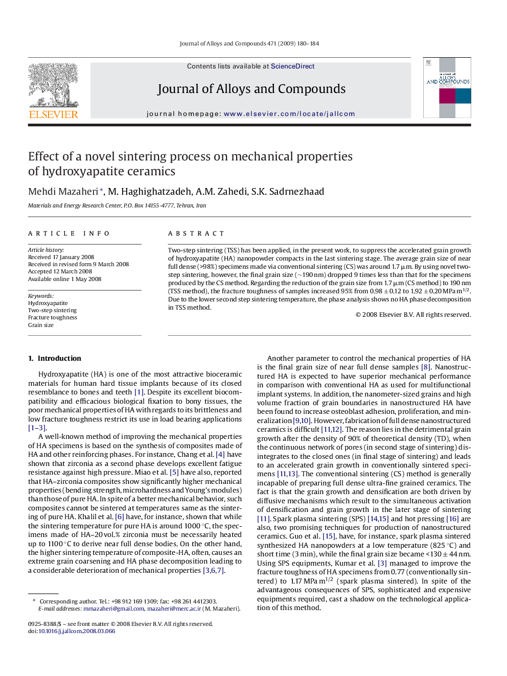 Effect of a novel sintering process on mechanical properties of hydroxyapatite ceramics