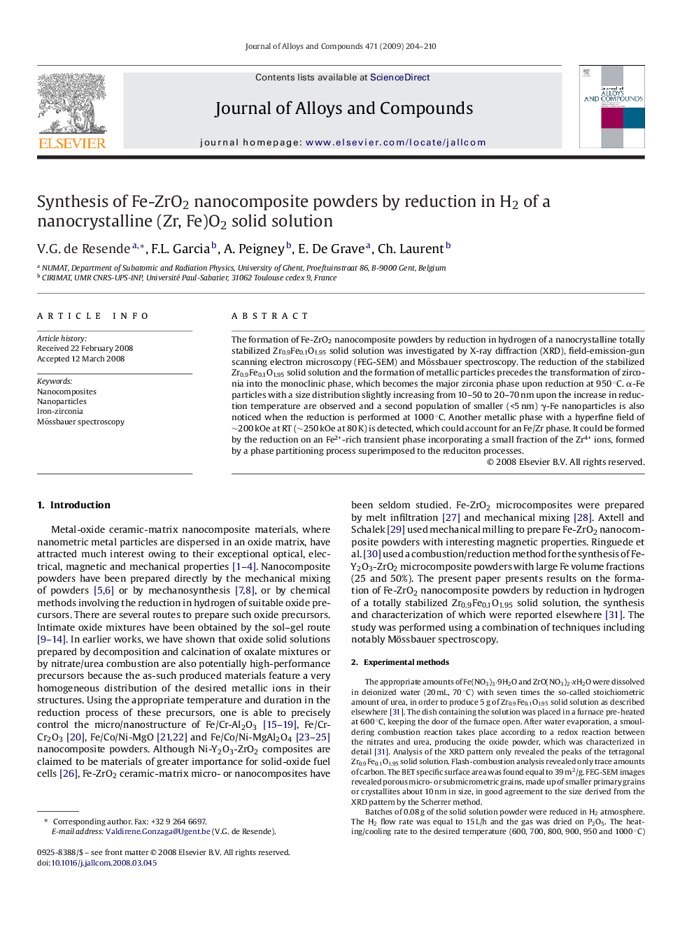 Synthesis of Fe-ZrO2 nanocomposite powders by reduction in H2 of a nanocrystalline (Zr, Fe)O2 solid solution