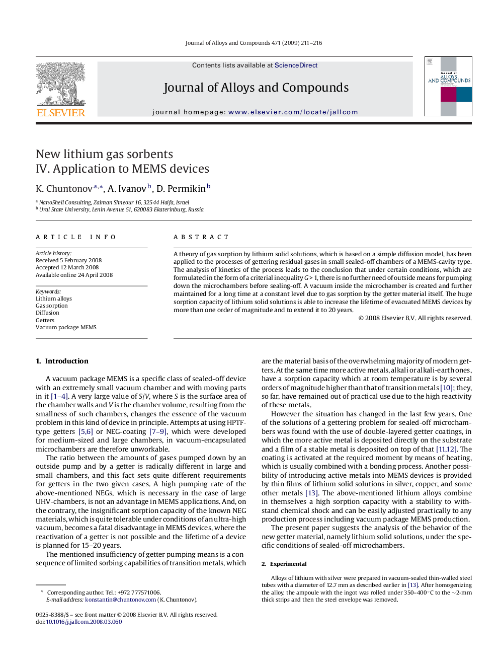 New lithium gas sorbents: IV. Application to MEMS devices