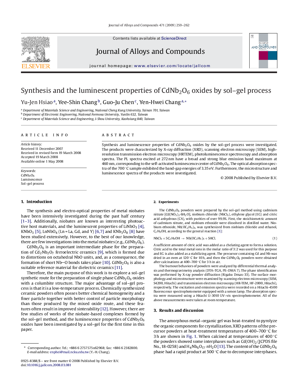 Synthesis and the luminescent properties of CdNb2O6 oxides by sol–gel process