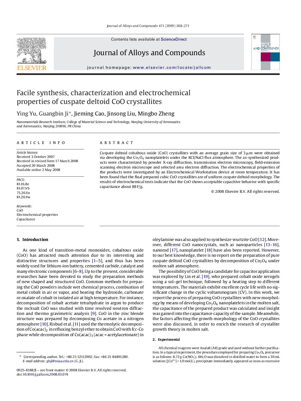 Facile synthesis, characterization and electrochemical properties of cuspate deltoid CoO crystallites