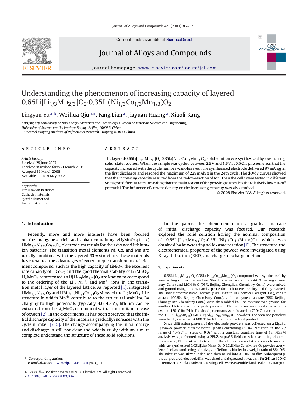 Understanding the phenomenon of increasing capacity of layered 0.65Li[Li1/3Mn2/3]O2·0.35Li(Ni1/3Co1/3Mn1/3)O2