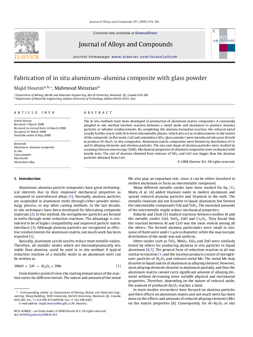 Fabrication of in situ aluminum–alumina composite with glass powder