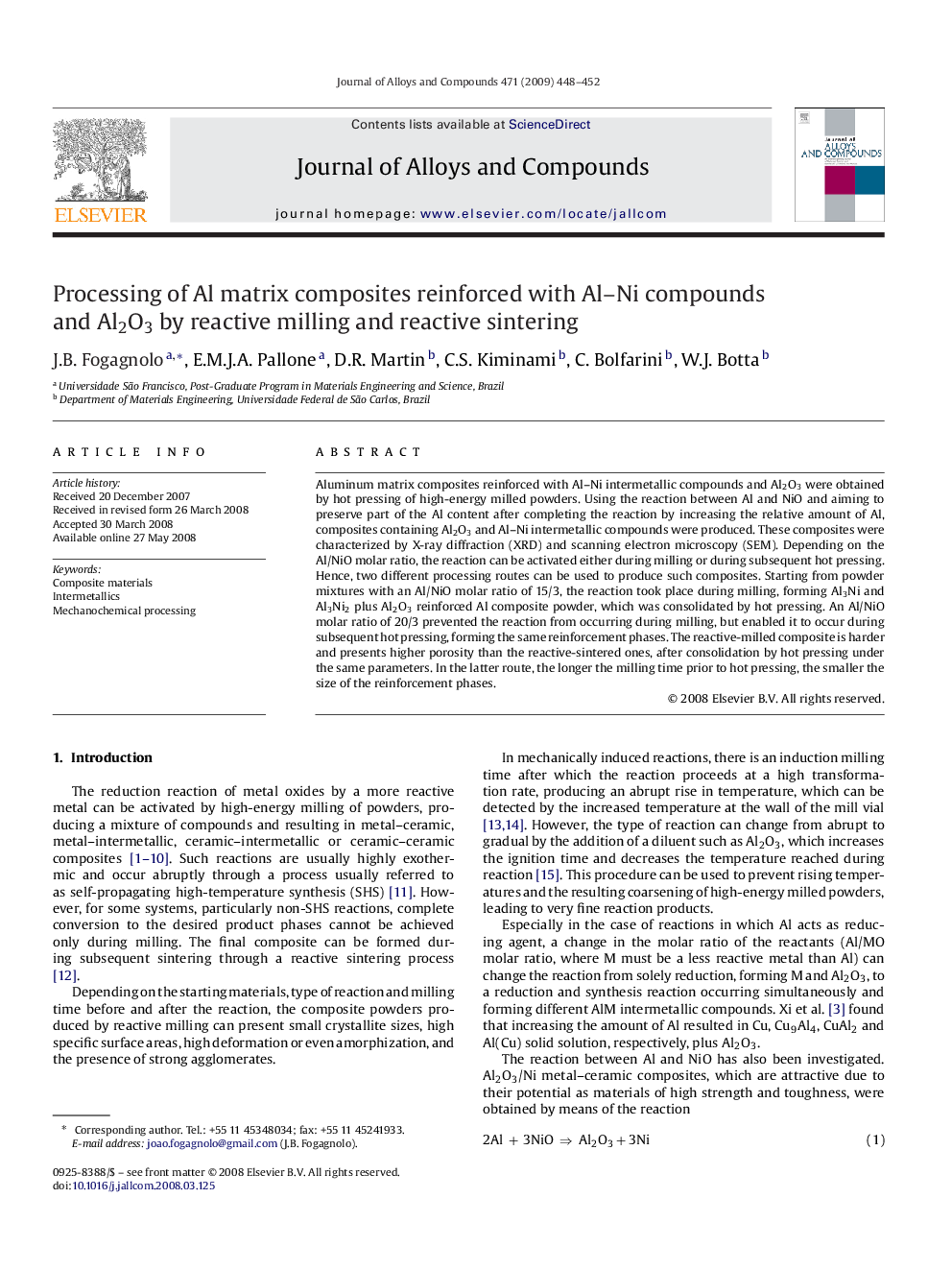 Processing of Al matrix composites reinforced with Al–Ni compounds and Al2O3 by reactive milling and reactive sintering