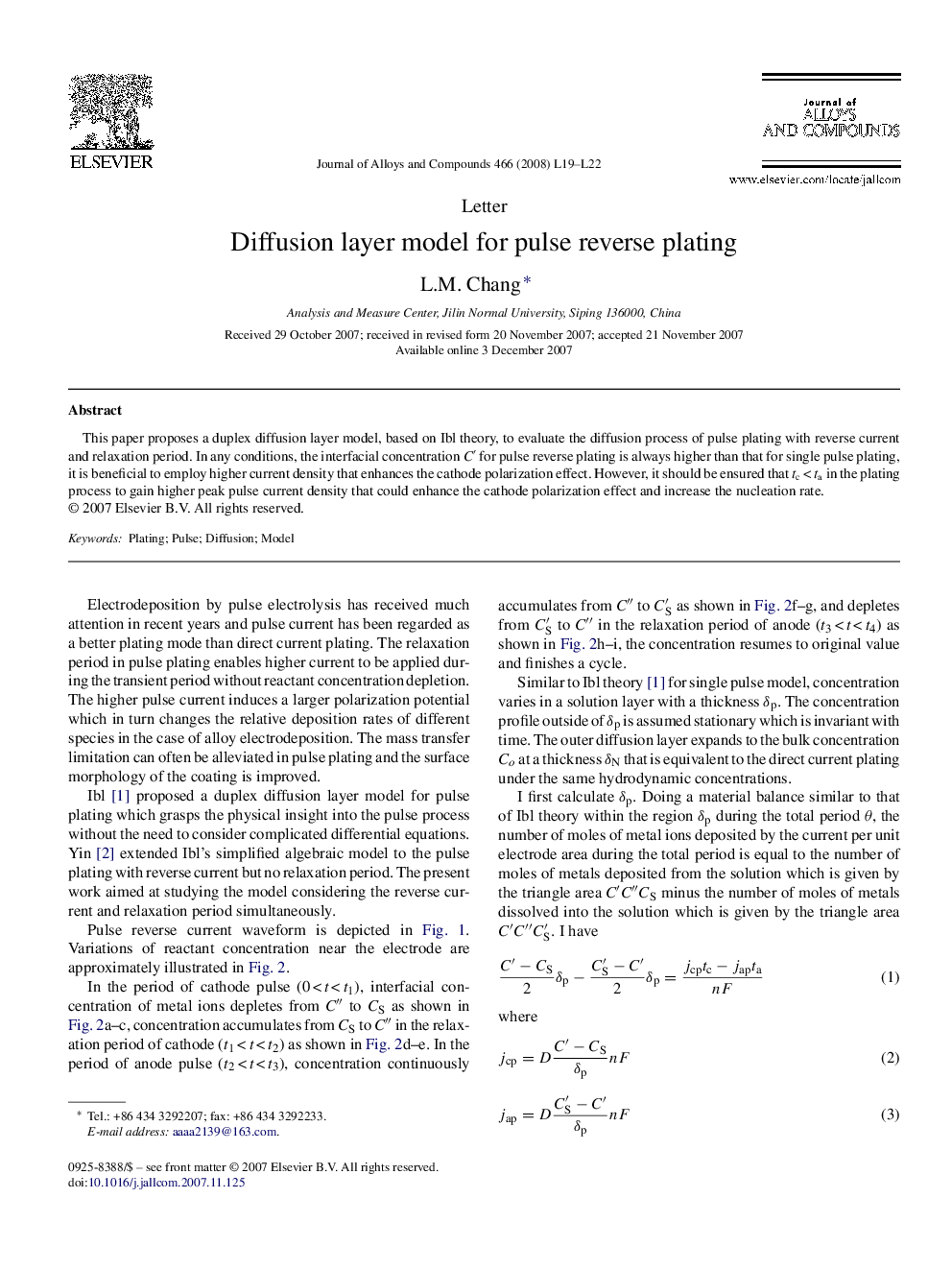 Diffusion layer model for pulse reverse plating