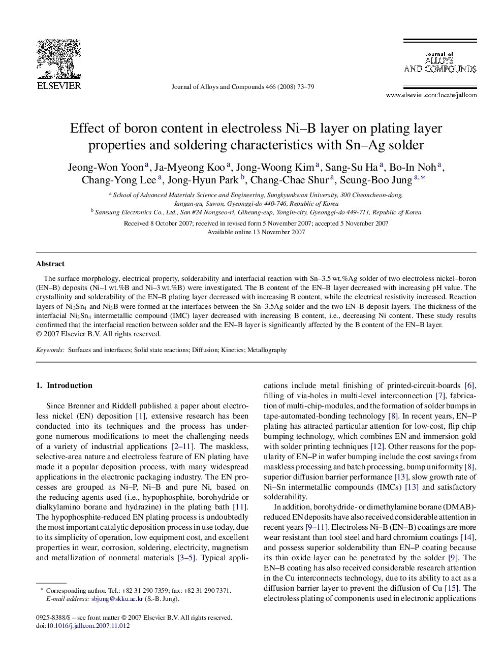 Effect of boron content in electroless Ni–B layer on plating layer properties and soldering characteristics with Sn–Ag solder