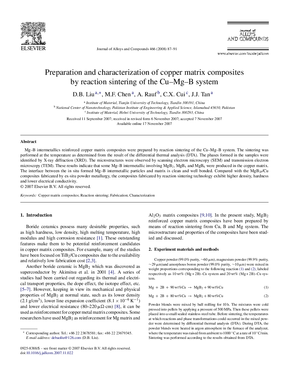 Preparation and characterization of copper matrix composites by reaction sintering of the Cu–Mg–B system