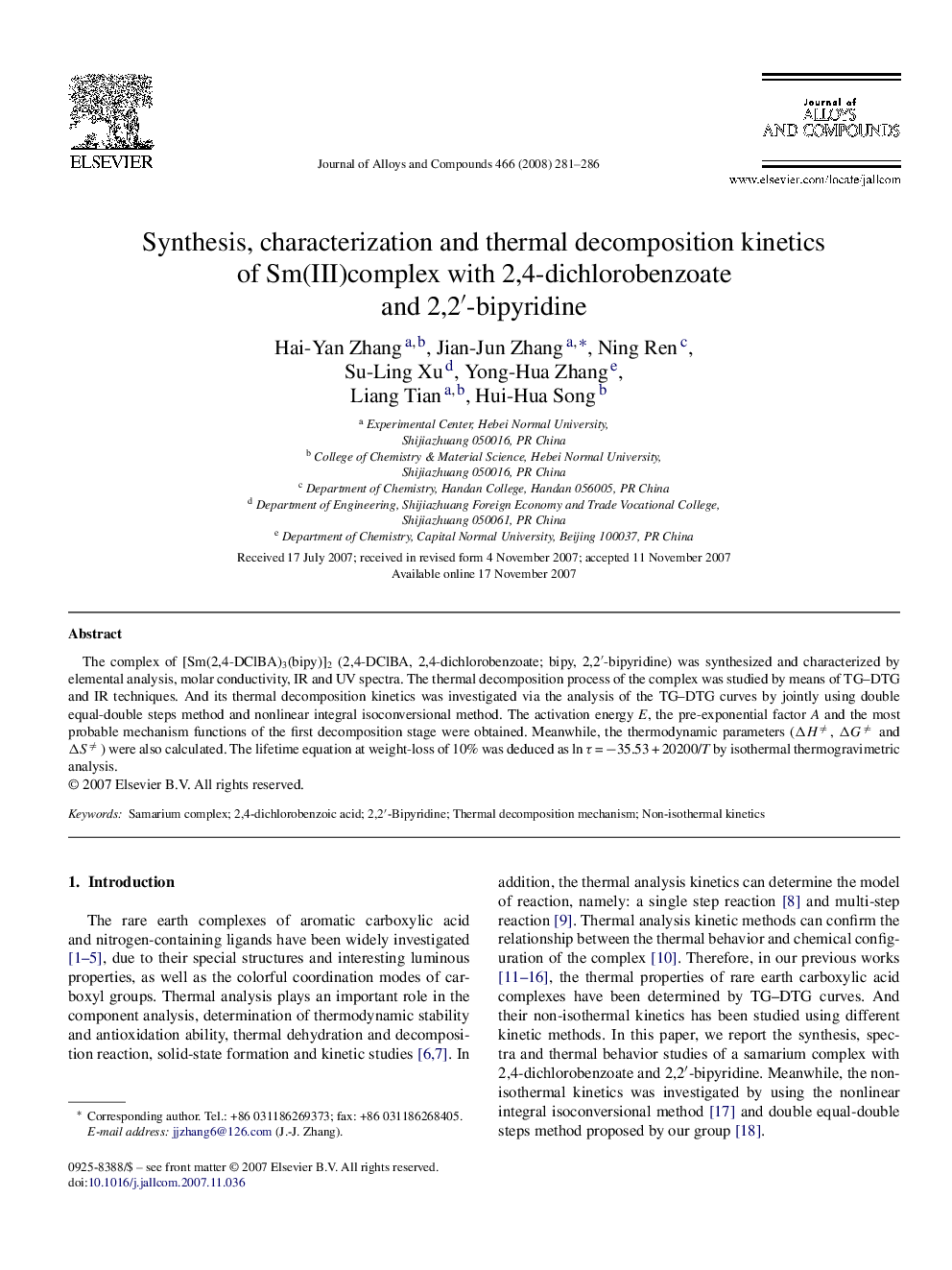 Synthesis, characterization and thermal decomposition kinetics of Sm(III)complex with 2,4-dichlorobenzoate and 2,2â²-bipyridine