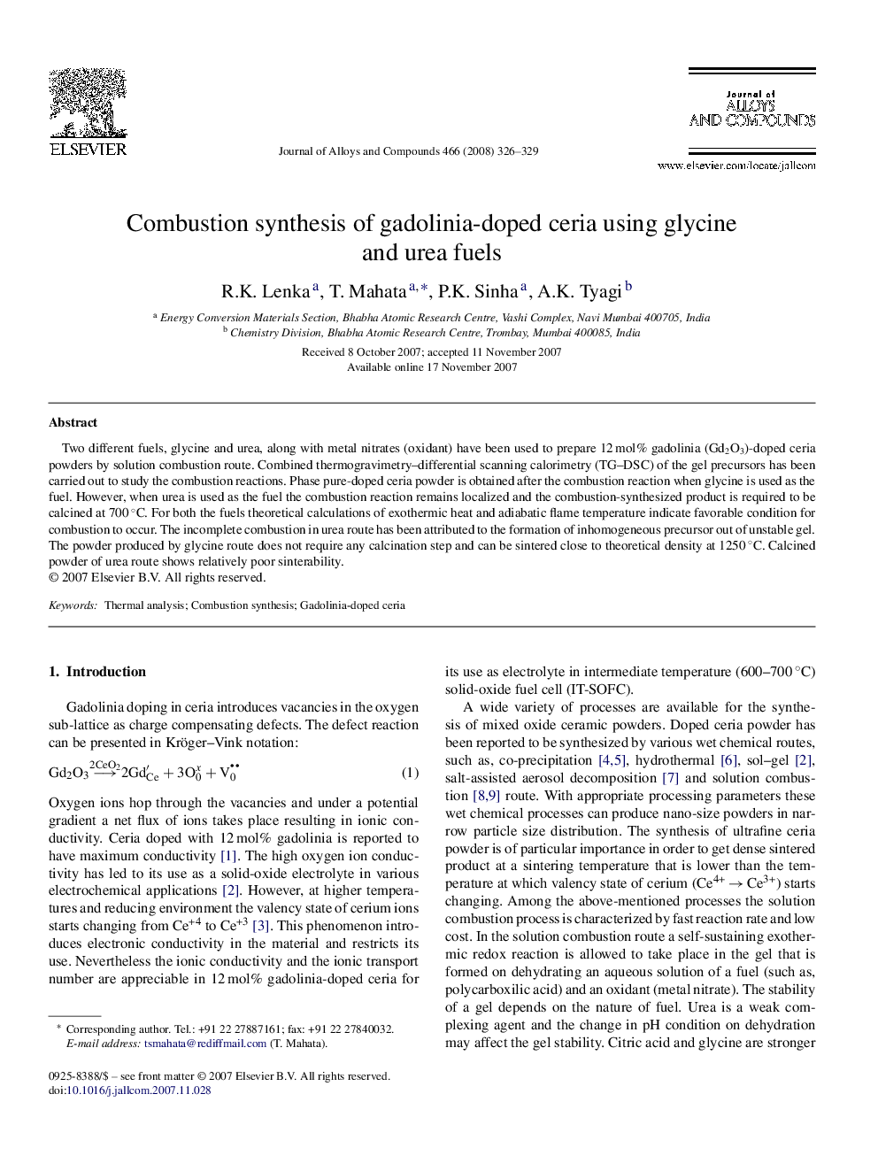 Combustion synthesis of gadolinia-doped ceria using glycine and urea fuels