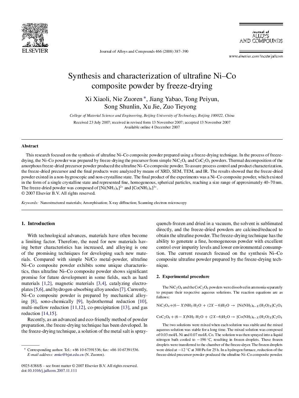 Synthesis and characterization of ultrafine Ni–Co composite powder by freeze-drying