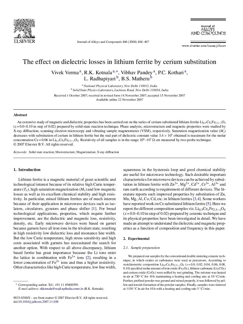 The effect on dielectric losses in lithium ferrite by cerium substitution