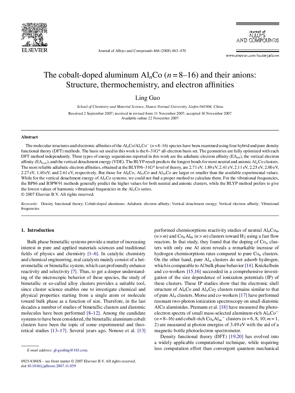 The cobalt-doped aluminum AlnCo (n = 8–16) and their anions: Structure, thermochemistry, and electron affinities