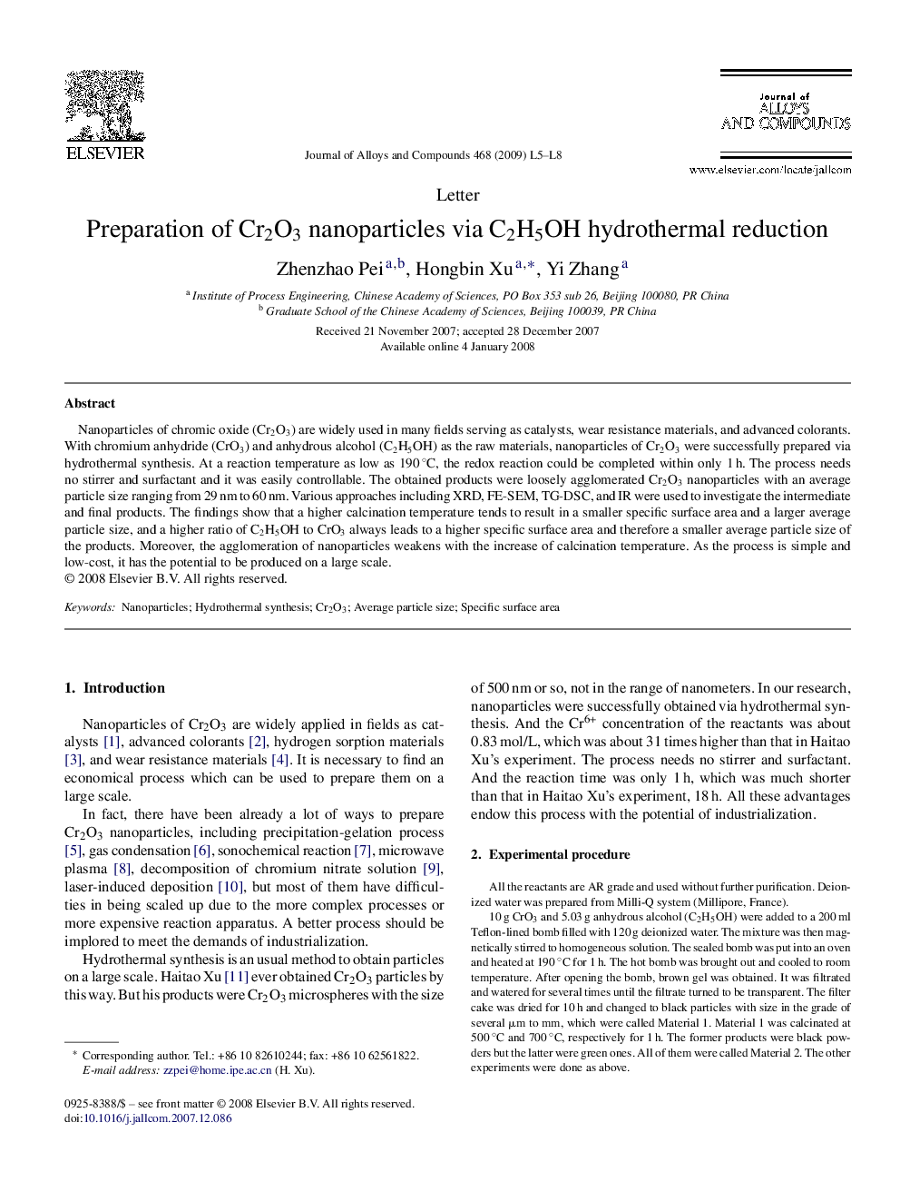 Preparation of Cr2O3 nanoparticles via C2H5OH hydrothermal reduction