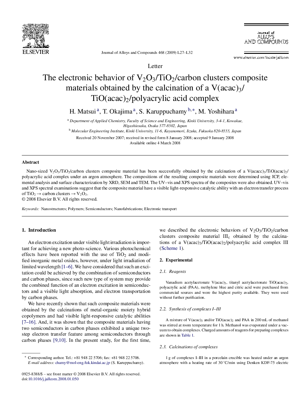 The electronic behavior of V2O3/TiO2/carbon clusters composite materials obtained by the calcination of a V(acac)3/TiO(acac)2/polyacrylic acid complex