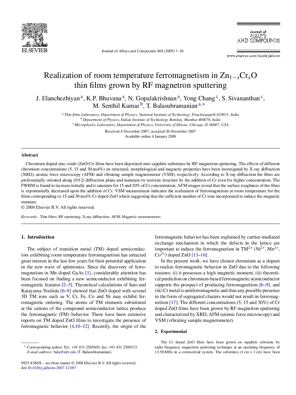 Realization of room temperature ferromagnetism in Zn1âxCrxO thin films grown by RF magnetron sputtering