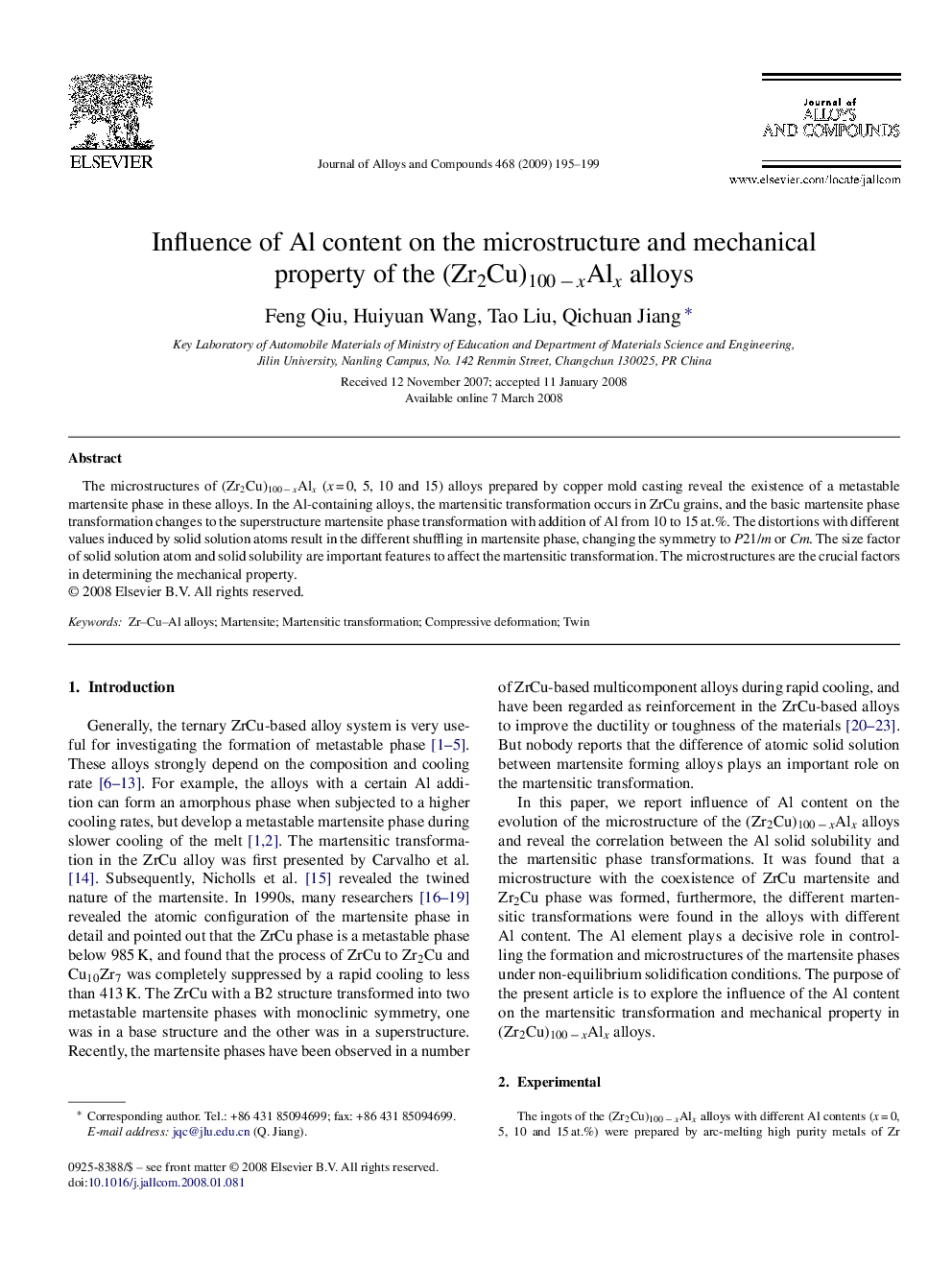 Influence of Al content on the microstructure and mechanical property of the (Zr2Cu)100 − xAlx alloys